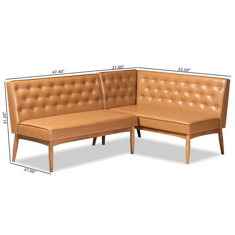 Riordan Mid-Century Modern Tan Faux Leather Upholstered and Walnut Brown Finished Wood 2-Piece Dining Nook Banquette Set FredCo