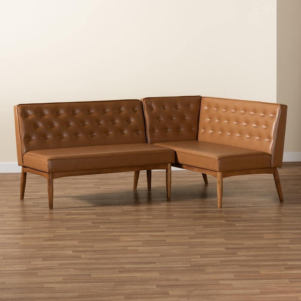 Riordan Mid-Century Modern Tan Faux Leather Upholstered and Walnut Brown Finished Wood 2-Piece Dining Nook Banquette Set FredCo