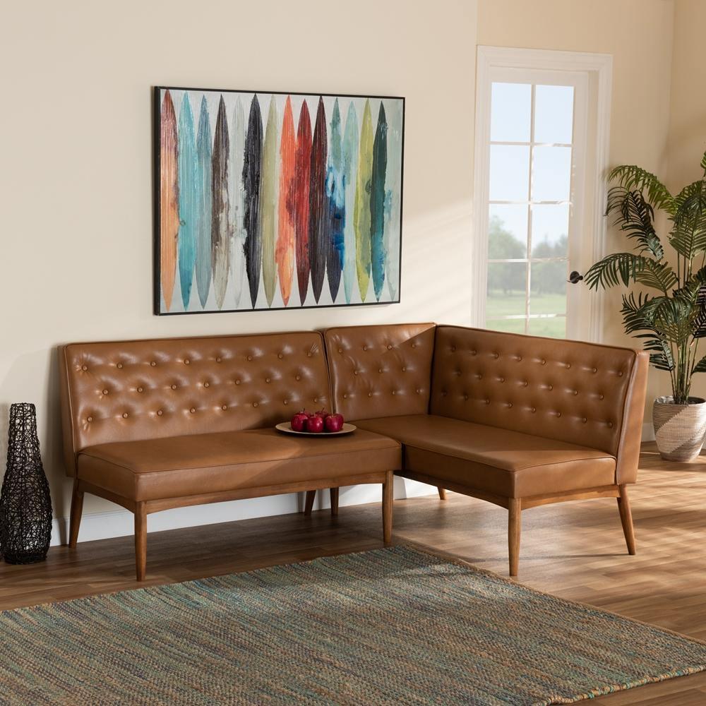 Riordan Mid-Century Modern Tan Faux Leather Upholstered and Walnut Brown Finished Wood 2-Piece Dining Nook Banquette Set FredCo
