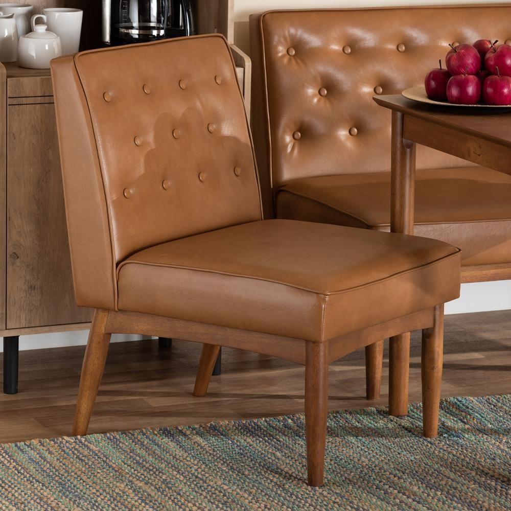 Riordan Mid-Century Modern Tan Faux Leather Upholstered and Walnut Brown Finished Wood Dining Chair FredCo
