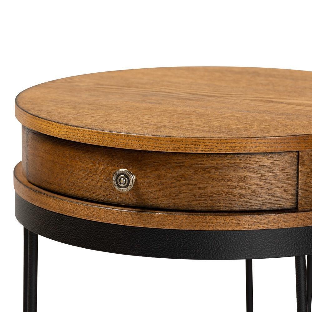 Roald Vintage Rustic Industrial Walnut Brown Finished Wood and Black Finished 1-Drawer Metal End Table FredCo