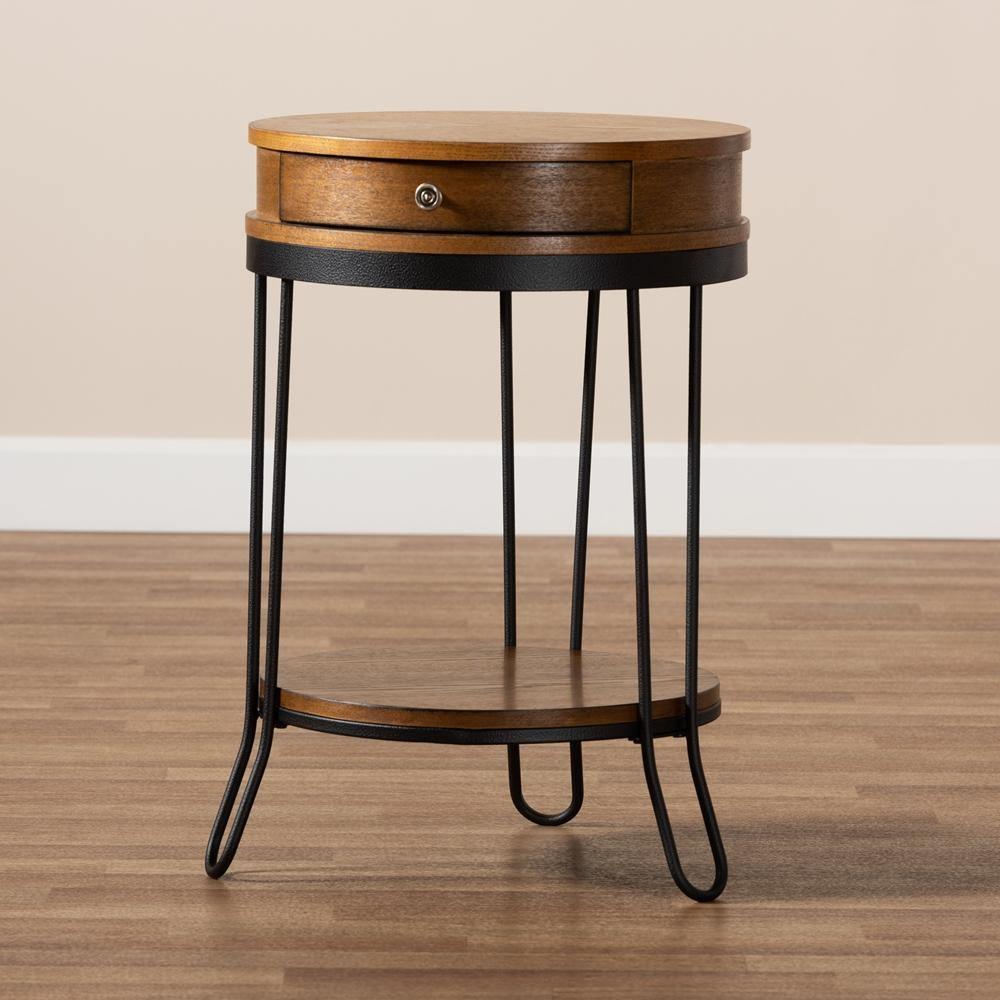 Roald Vintage Rustic Industrial Walnut Brown Finished Wood and Black Finished 1-Drawer Metal End Table FredCo