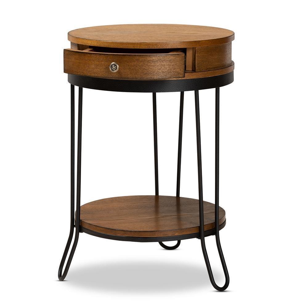 Roald Vintage Rustic Industrial Walnut Brown Finished Wood and Black Finished 1-Drawer Metal End Table FredCo