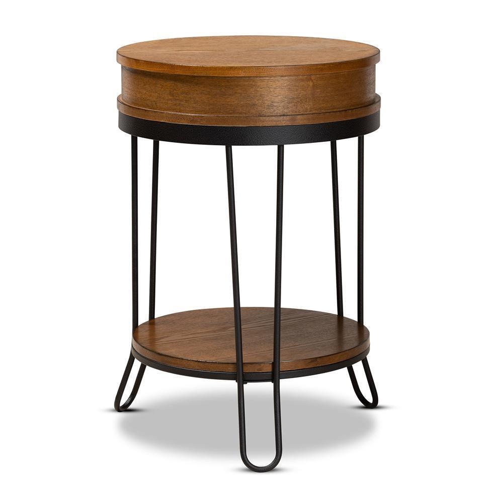Roald Vintage Rustic Industrial Walnut Brown Finished Wood and Black Finished 1-Drawer Metal End Table FredCo