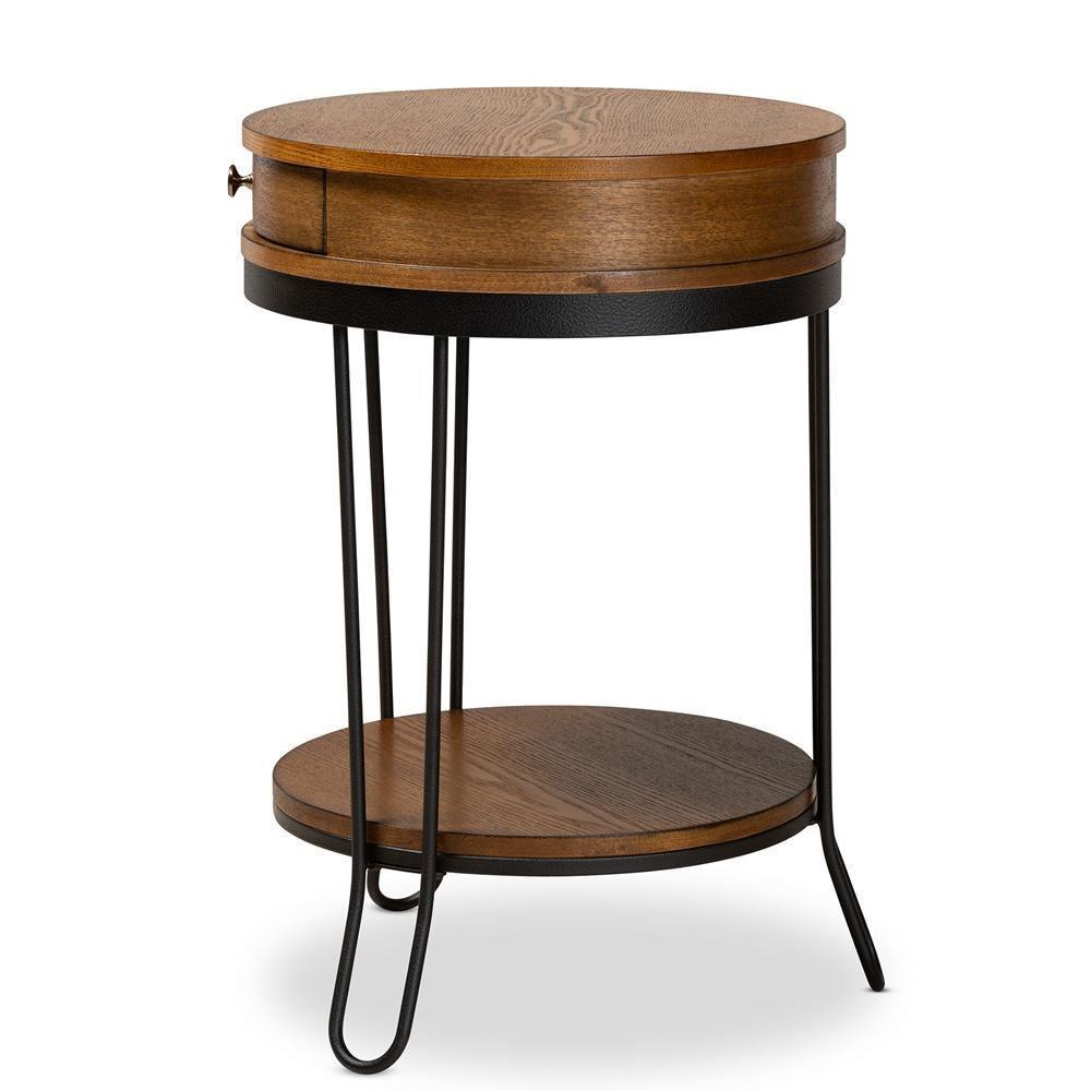 Roald Vintage Rustic Industrial Walnut Brown Finished Wood and Black Finished 1-Drawer Metal End Table FredCo