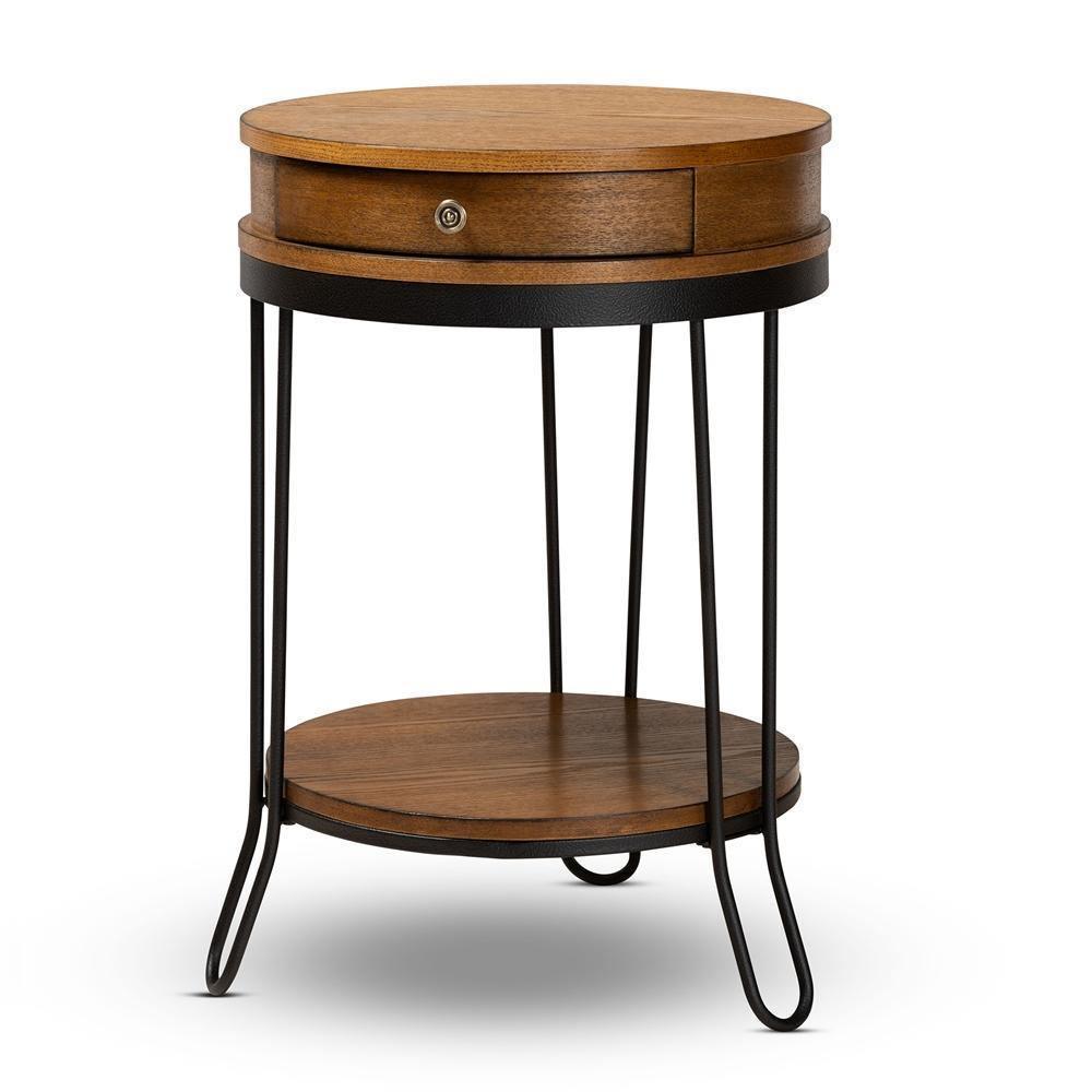 Roald Vintage Rustic Industrial Walnut Brown Finished Wood and Black Finished 1-Drawer Metal End Table FredCo