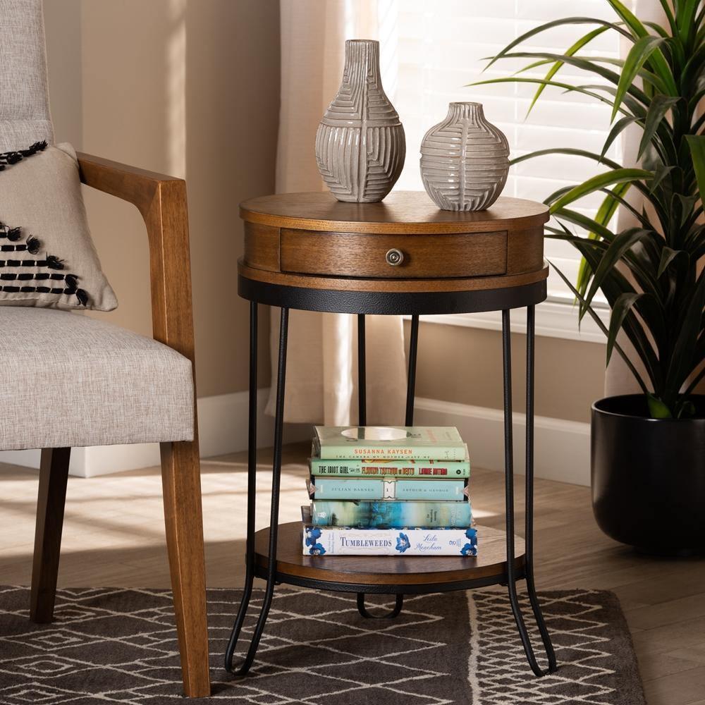 Roald Vintage Rustic Industrial Walnut Brown Finished Wood and Black Finished 1-Drawer Metal End Table FredCo