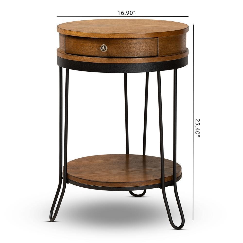 Roald Vintage Rustic Industrial Walnut Brown Finished Wood and Black Finished 1-Drawer Metal End Table FredCo