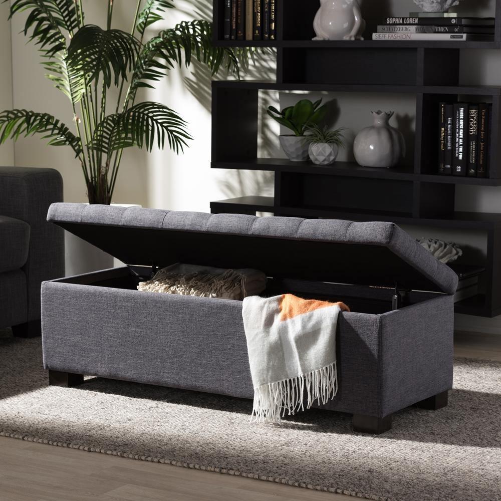 Roanoke Modern and Contemporary Dark Grey Fabric Upholstered Grid-Tufting Storage Ottoman Bench FredCo