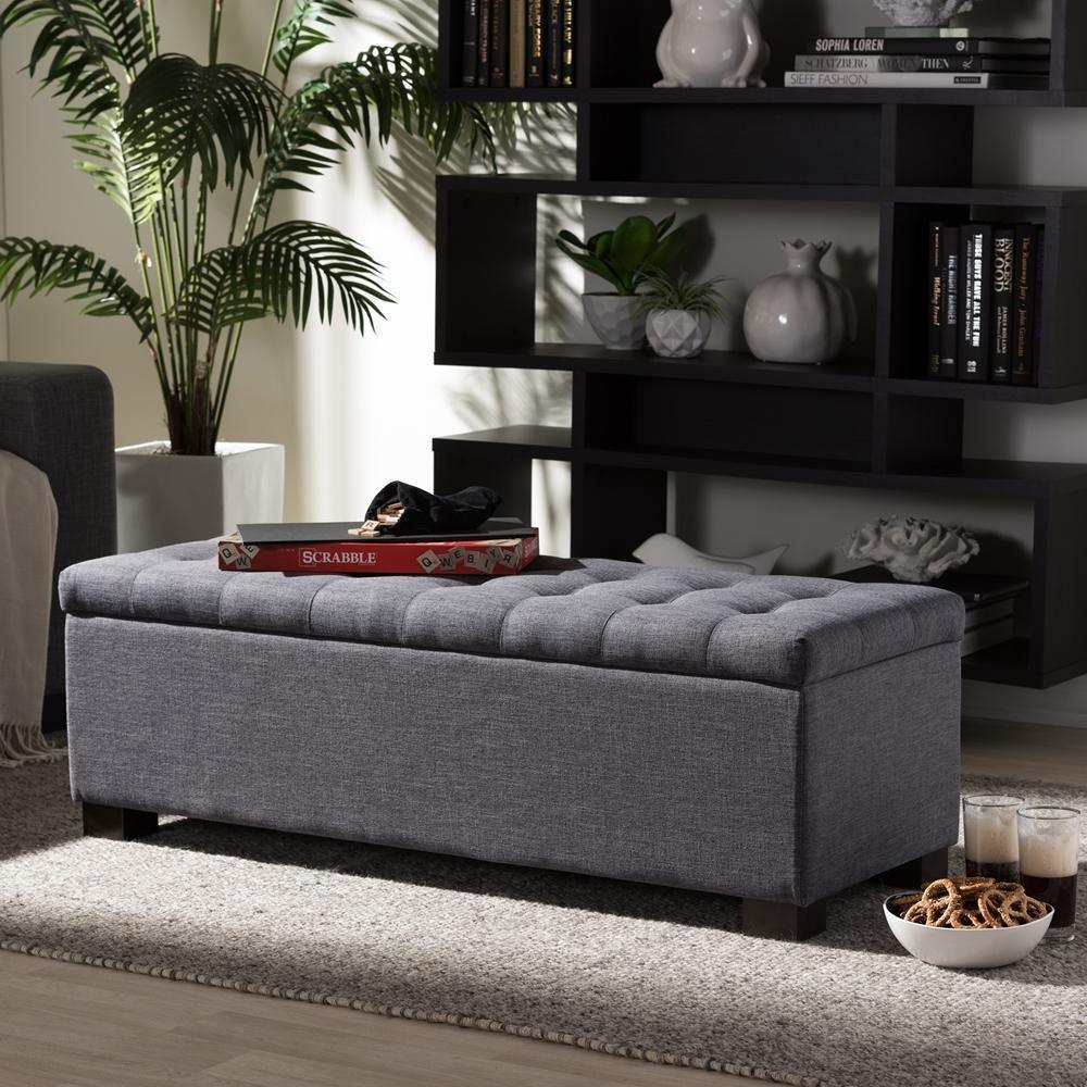 Roanoke Modern and Contemporary Dark Grey Fabric Upholstered Grid-Tufting Storage Ottoman Bench FredCo