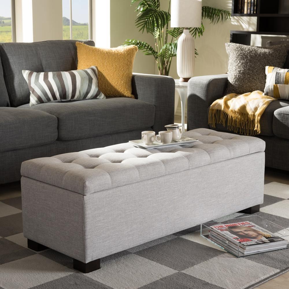 Roanoke Modern and Contemporary Grayish Beige Fabric Upholstered Grid-Tufting Storage Ottoman Bench FredCo