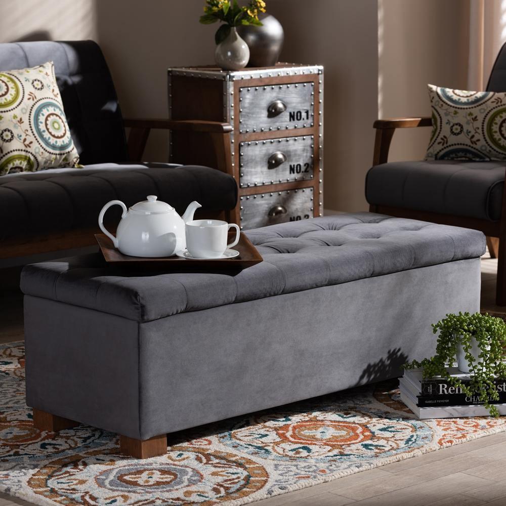 Roanoke Modern and Contemporary Grey Velvet Fabric Upholstered Grid-Tufted Storage Ottoman Bench FredCo