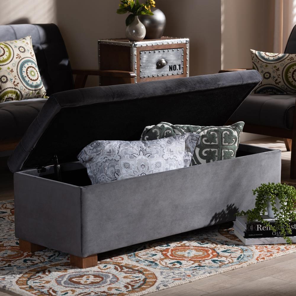 Roanoke Modern and Contemporary Grey Velvet Fabric Upholstered Grid-Tufted Storage Ottoman Bench FredCo