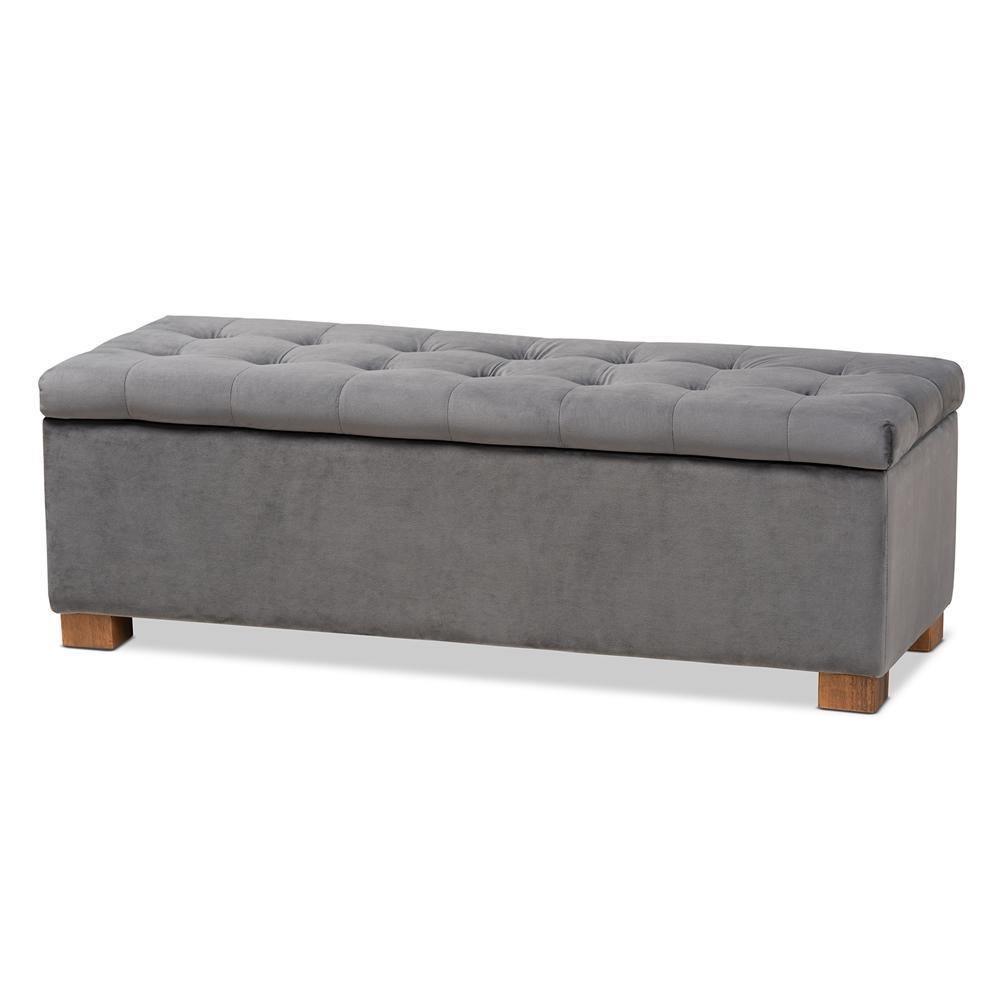 Roanoke Modern and Contemporary Grey Velvet Fabric Upholstered Grid-Tufted Storage Ottoman Bench FredCo