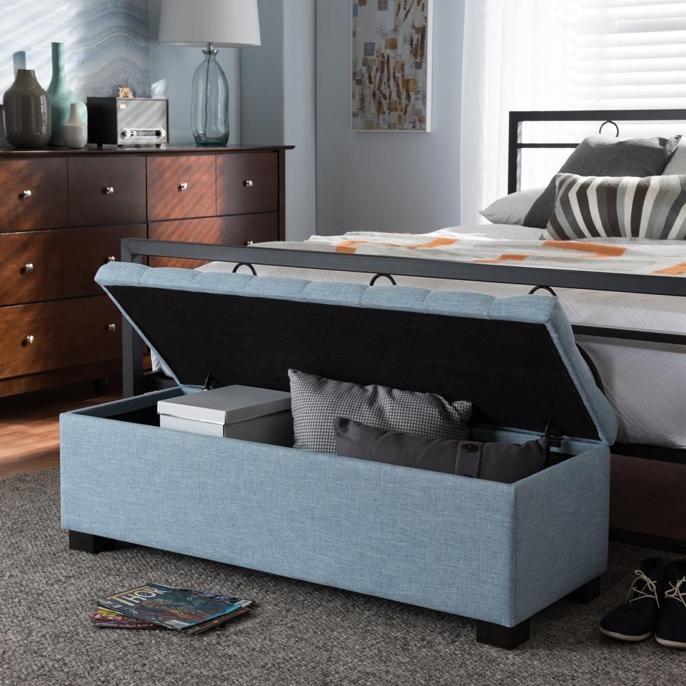 Roanoke Modern and Contemporary Light Blue Fabric Upholstered Grid-Tufting Storage Ottoman Bench FredCo