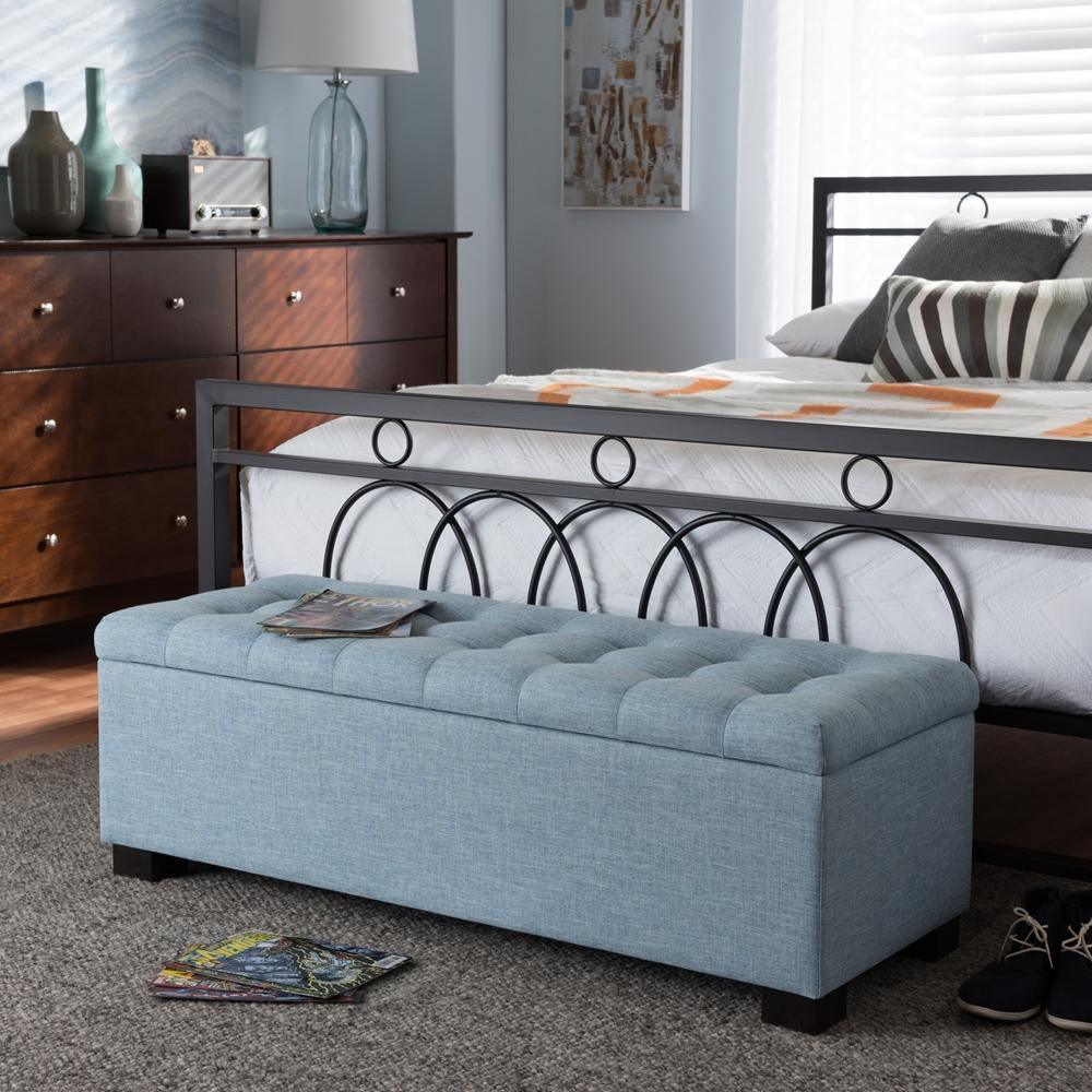 Roanoke Modern and Contemporary Light Blue Fabric Upholstered Grid-Tufting Storage Ottoman Bench FredCo