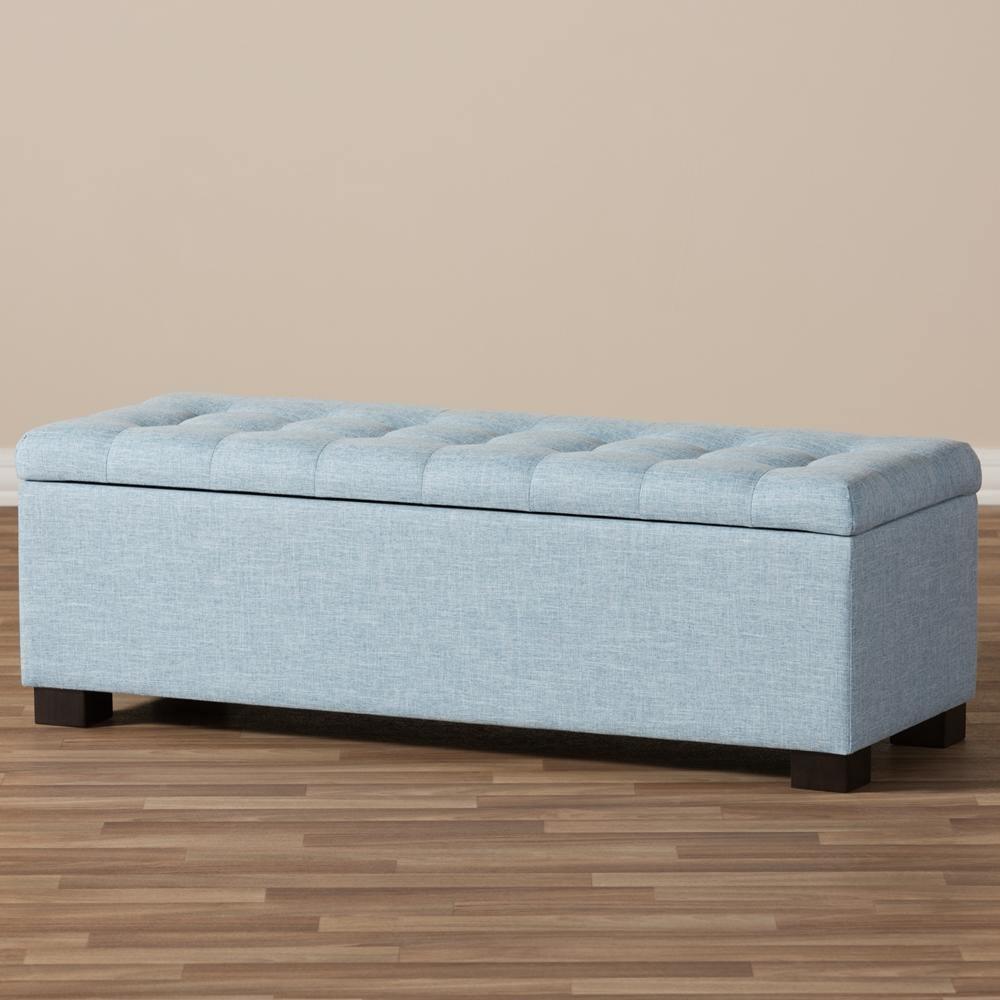 Roanoke Modern and Contemporary Light Blue Fabric Upholstered Grid-Tufting Storage Ottoman Bench FredCo