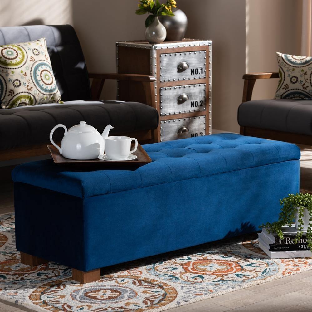 Roanoke Modern and Contemporary Navy Blue Velvet Fabric Upholstered Grid-Tufted Storage Ottoman Bench FredCo