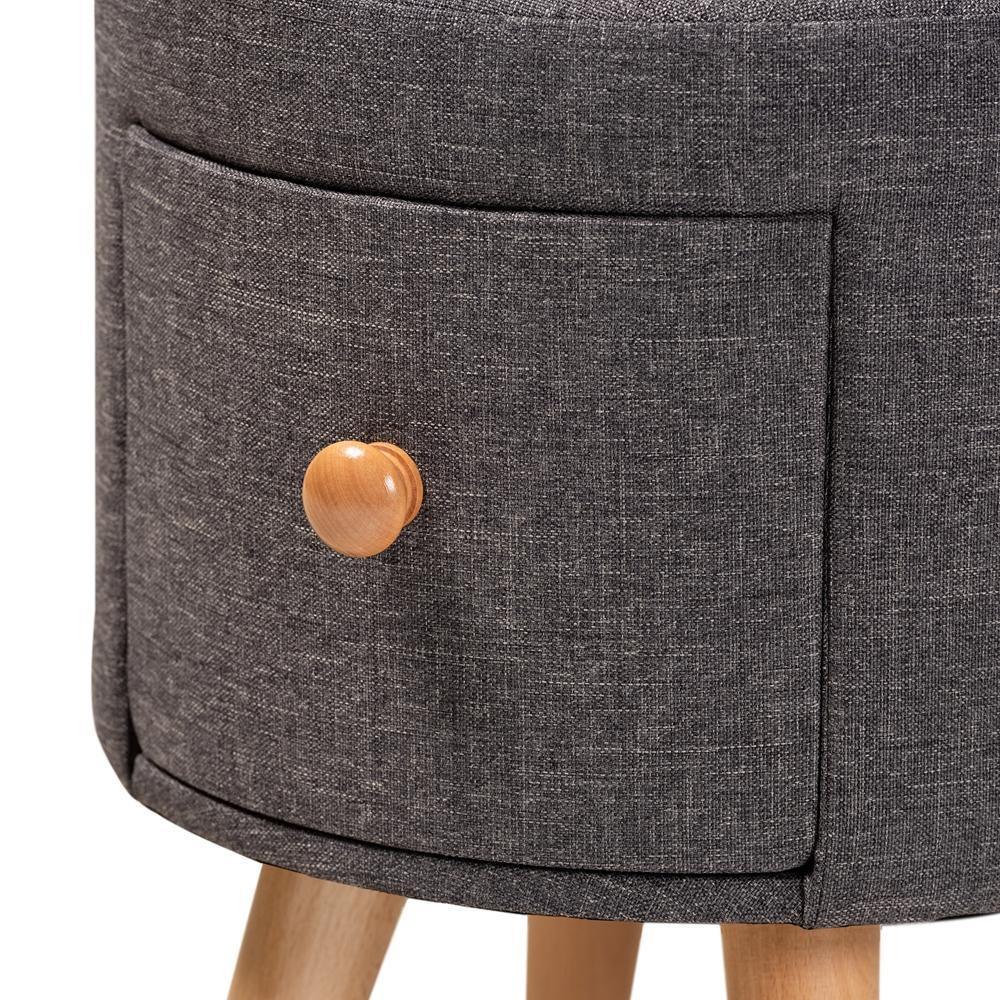 Rocco Modern Transitional Dark Grey Fabric Upholstered and Oak Brown Finished Wood 1-Drawer Ottoman Stool FredCo