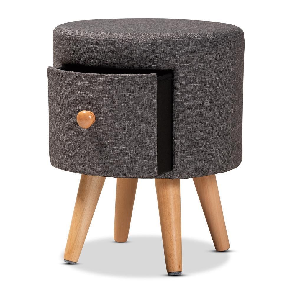 Rocco Modern Transitional Dark Grey Fabric Upholstered and Oak Brown Finished Wood 1-Drawer Ottoman Stool FredCo
