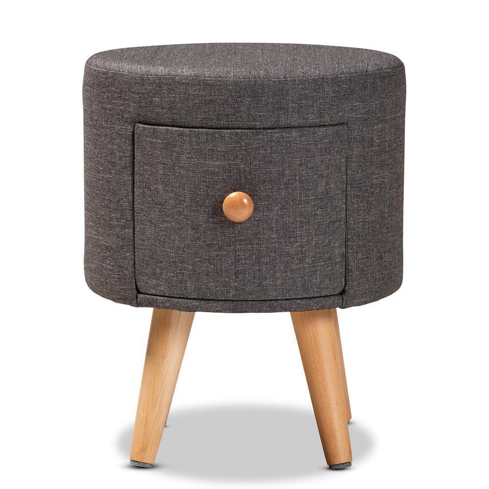 Rocco Modern Transitional Dark Grey Fabric Upholstered and Oak Brown Finished Wood 1-Drawer Ottoman Stool FredCo