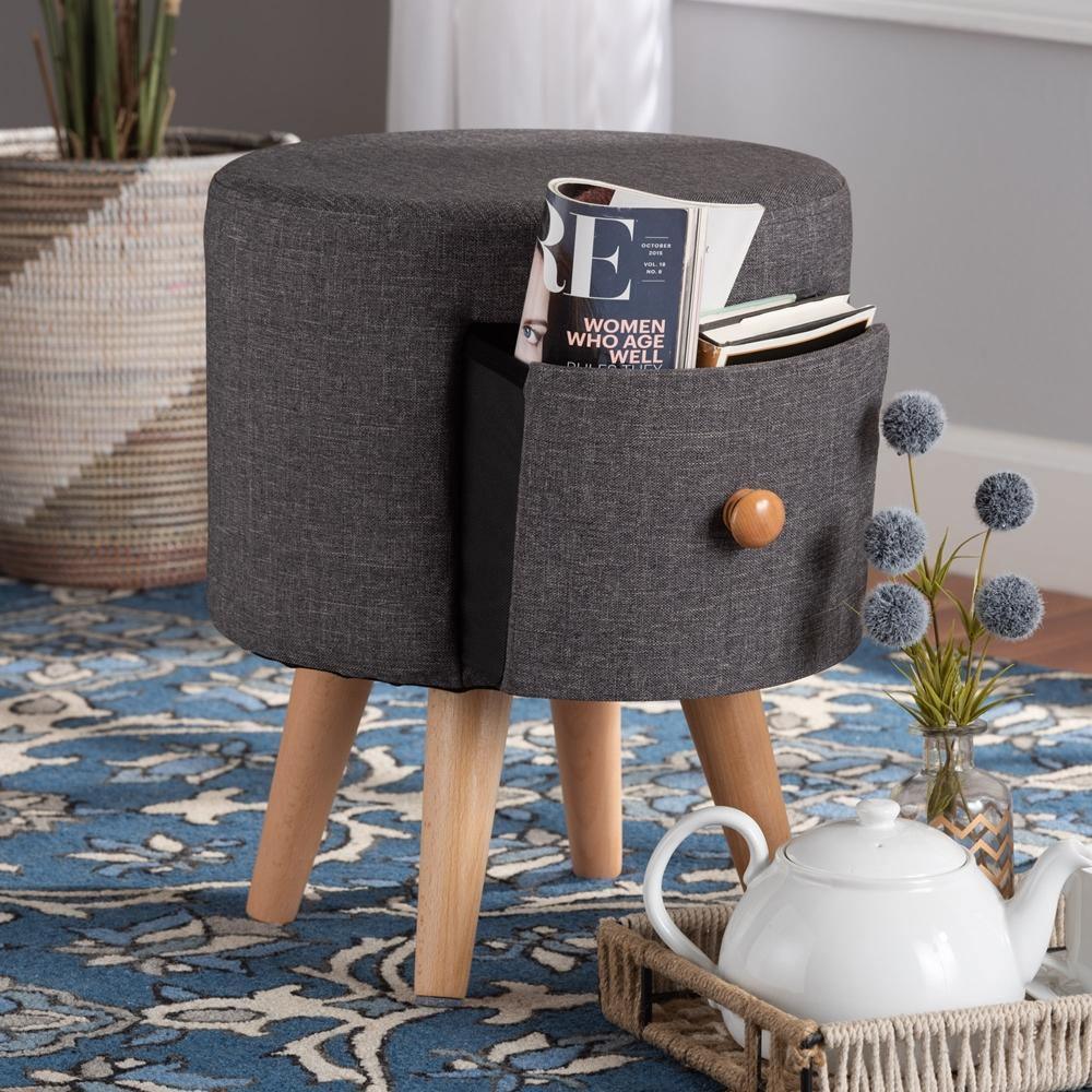 Rocco Modern Transitional Dark Grey Fabric Upholstered and Oak Brown Finished Wood 1-Drawer Ottoman Stool FredCo