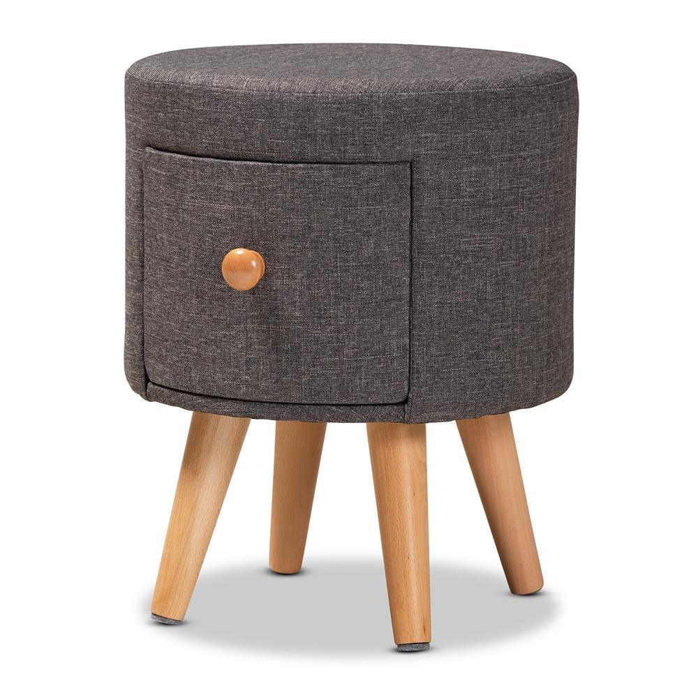 Rocco Modern Transitional Dark Grey Fabric Upholstered and Oak Brown Finished Wood 1-Drawer Ottoman Stool FredCo