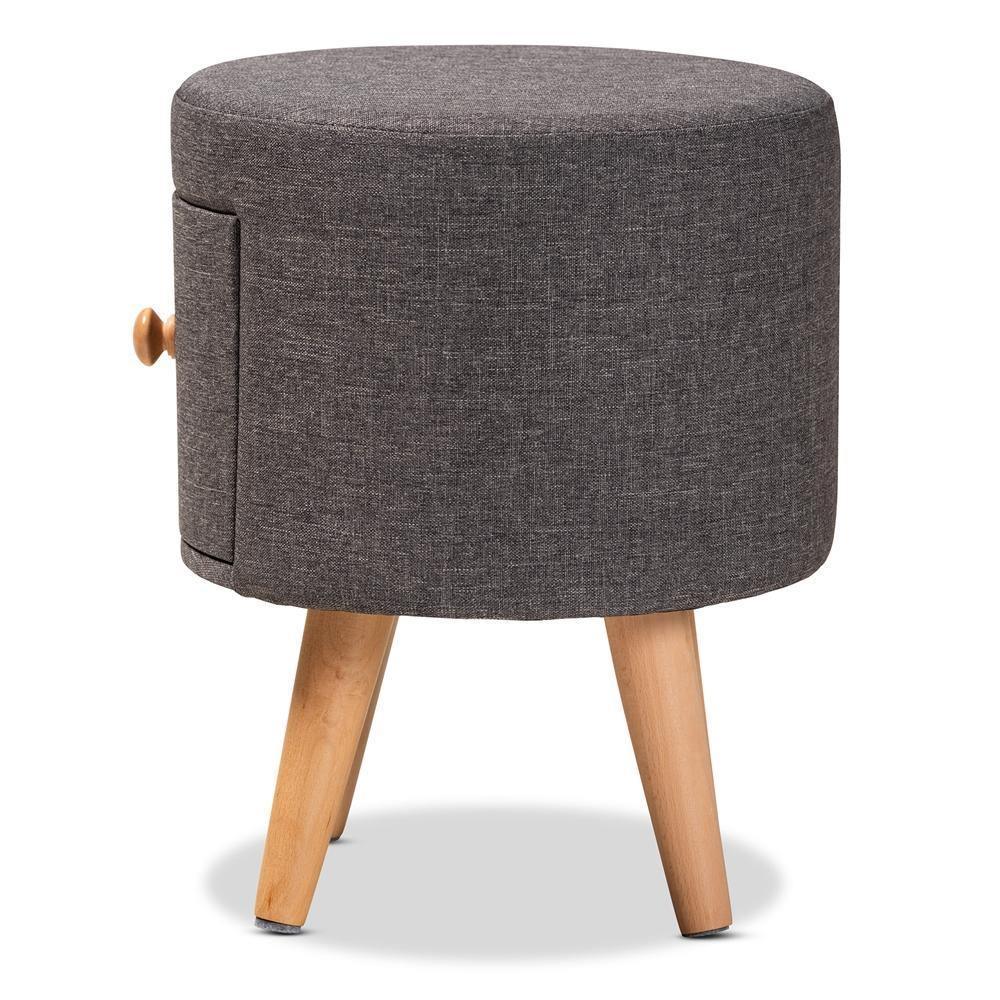 Rocco Modern Transitional Dark Grey Fabric Upholstered and Oak Brown Finished Wood 1-Drawer Ottoman Stool FredCo