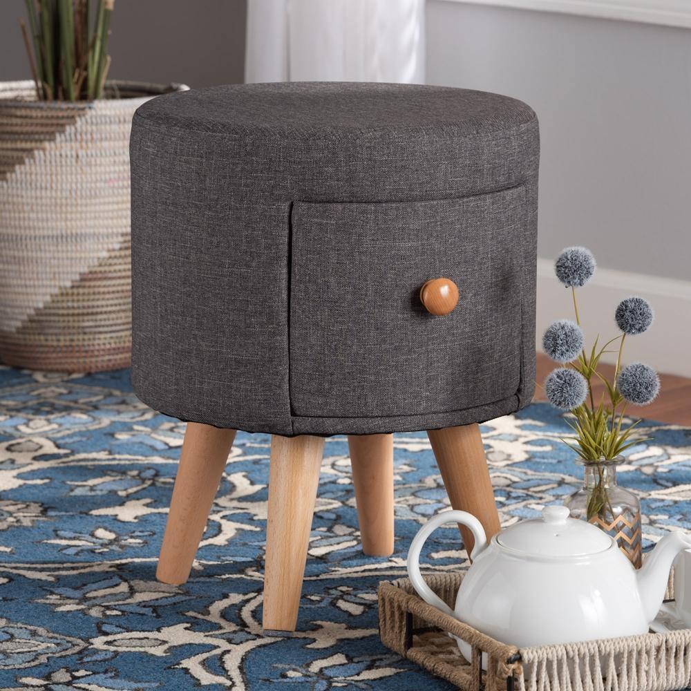 Rocco Modern Transitional Dark Grey Fabric Upholstered and Oak Brown Finished Wood 1-Drawer Ottoman Stool FredCo