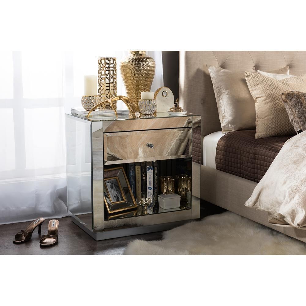 Rochadh Modern and Contemporary Hollywood Glamour Style 1-drawer and 1-shelf Nightstand and Bedside Table FredCo