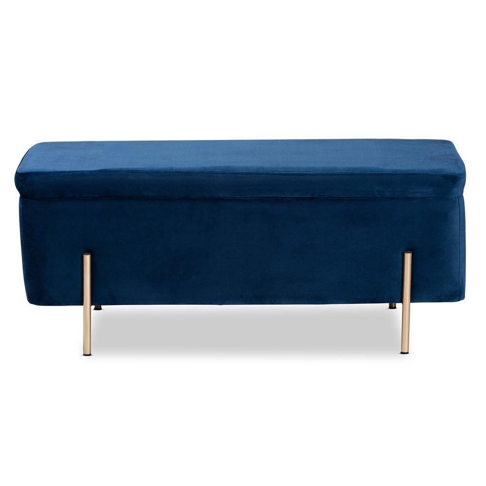 Rockwell Contemporary Glam and Luxe Navy Blue Velvet Fabric Upholstered and Gold Finished Metal Storage Bench FredCo