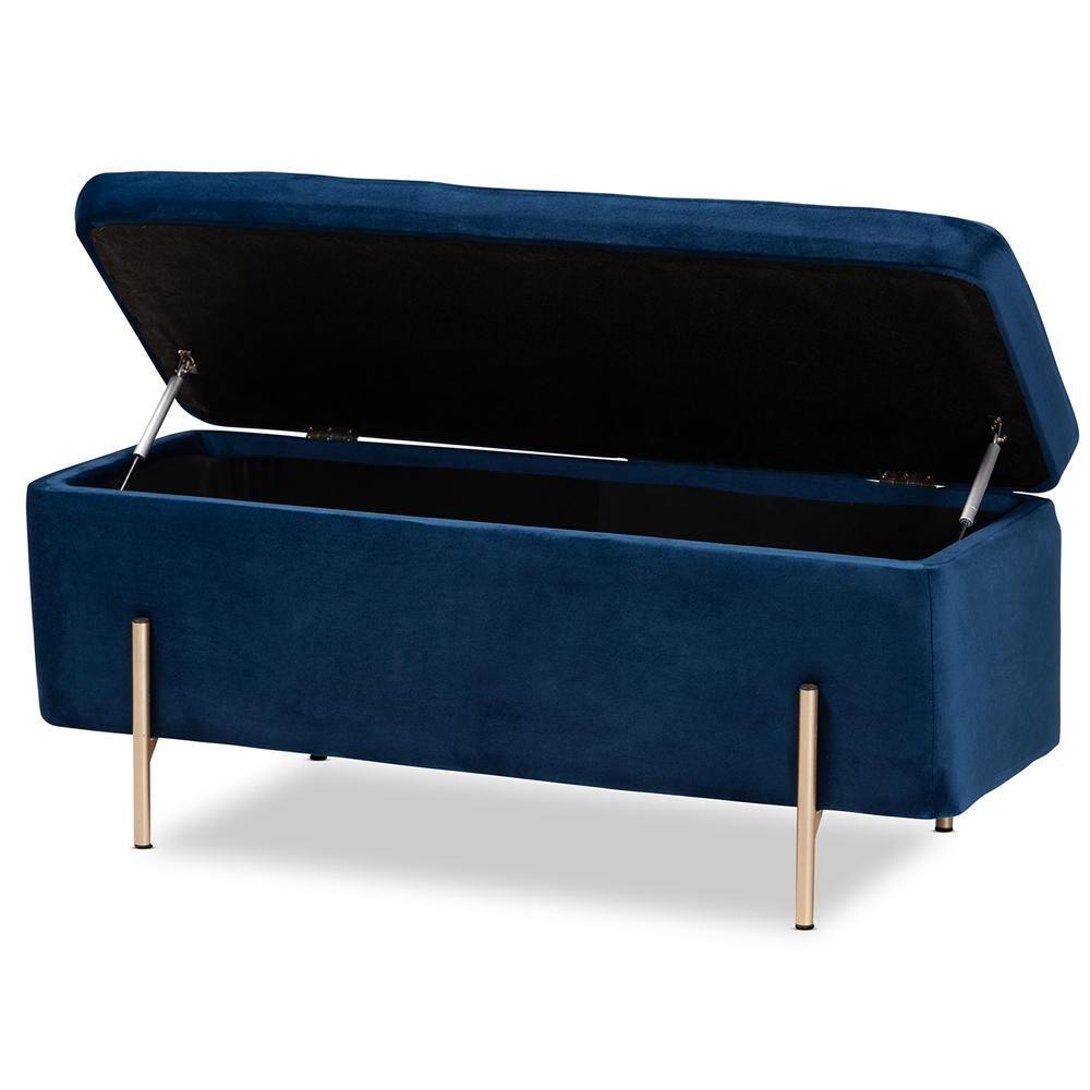 Rockwell Contemporary Glam and Luxe Navy Blue Velvet Fabric Upholstered and Gold Finished Metal Storage Bench FredCo