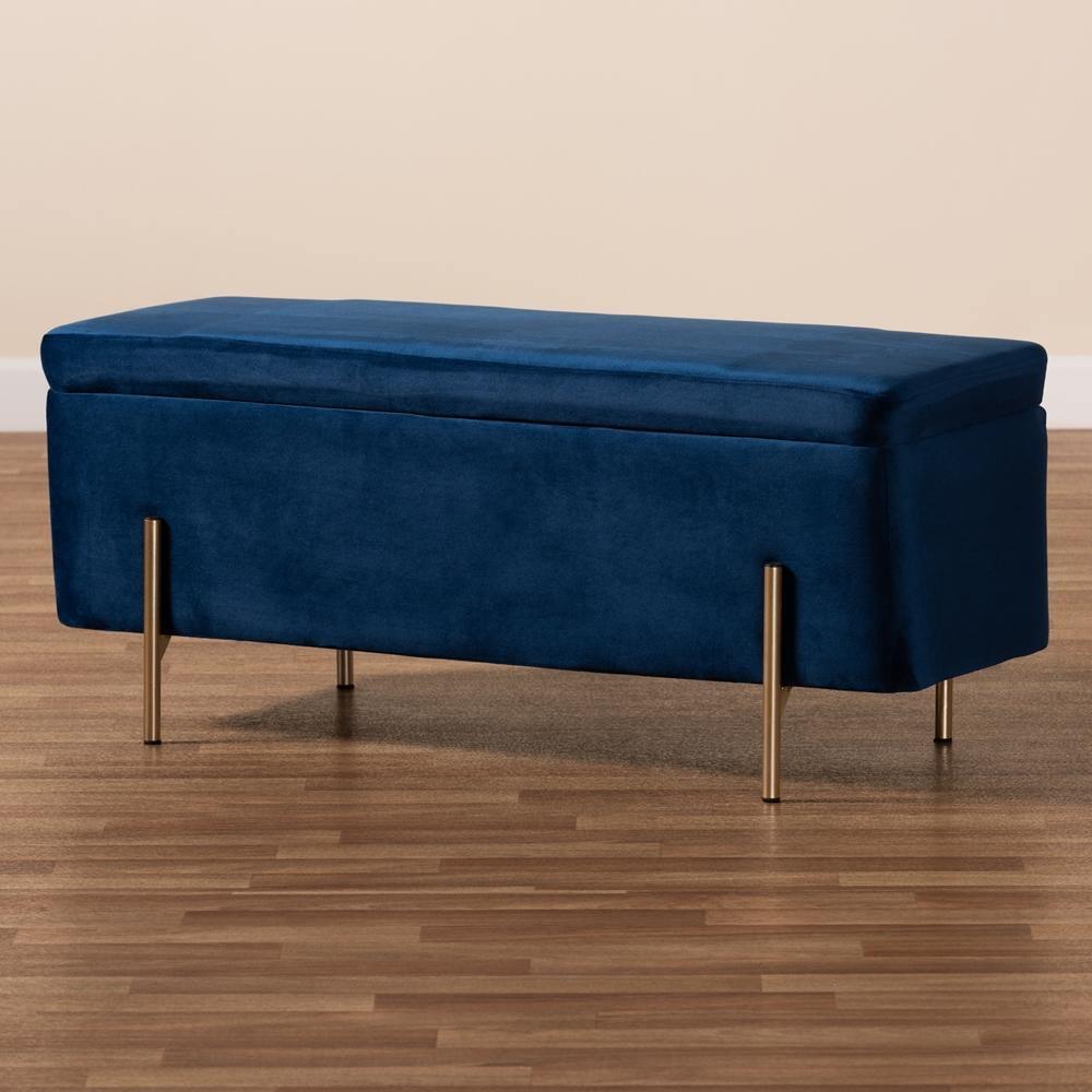 Rockwell Contemporary Glam and Luxe Navy Blue Velvet Fabric Upholstered and Gold Finished Metal Storage Bench FredCo