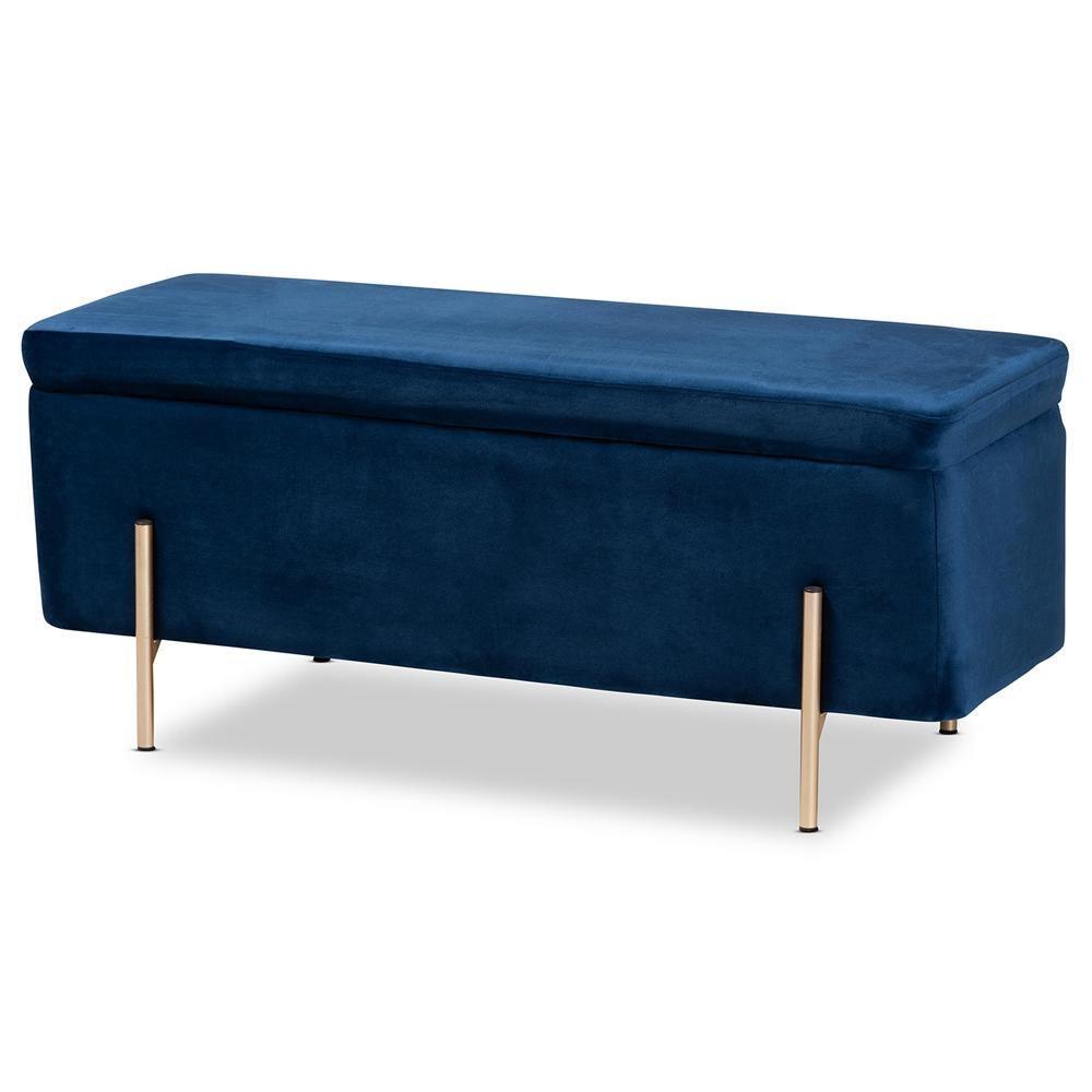 Rockwell Contemporary Glam and Luxe Navy Blue Velvet Fabric Upholstered and Gold Finished Metal Storage Bench FredCo