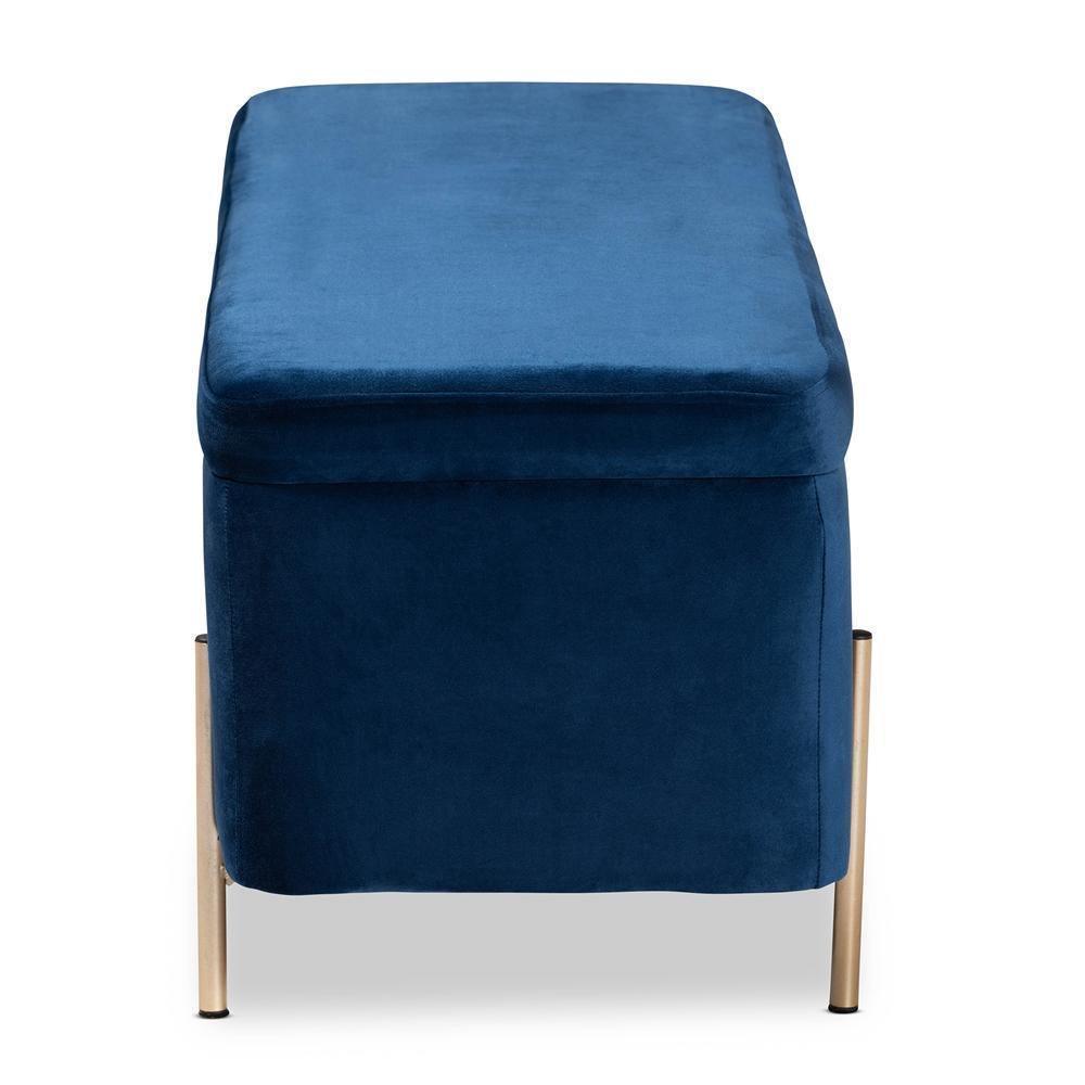 Rockwell Contemporary Glam and Luxe Navy Blue Velvet Fabric Upholstered and Gold Finished Metal Storage Bench FredCo
