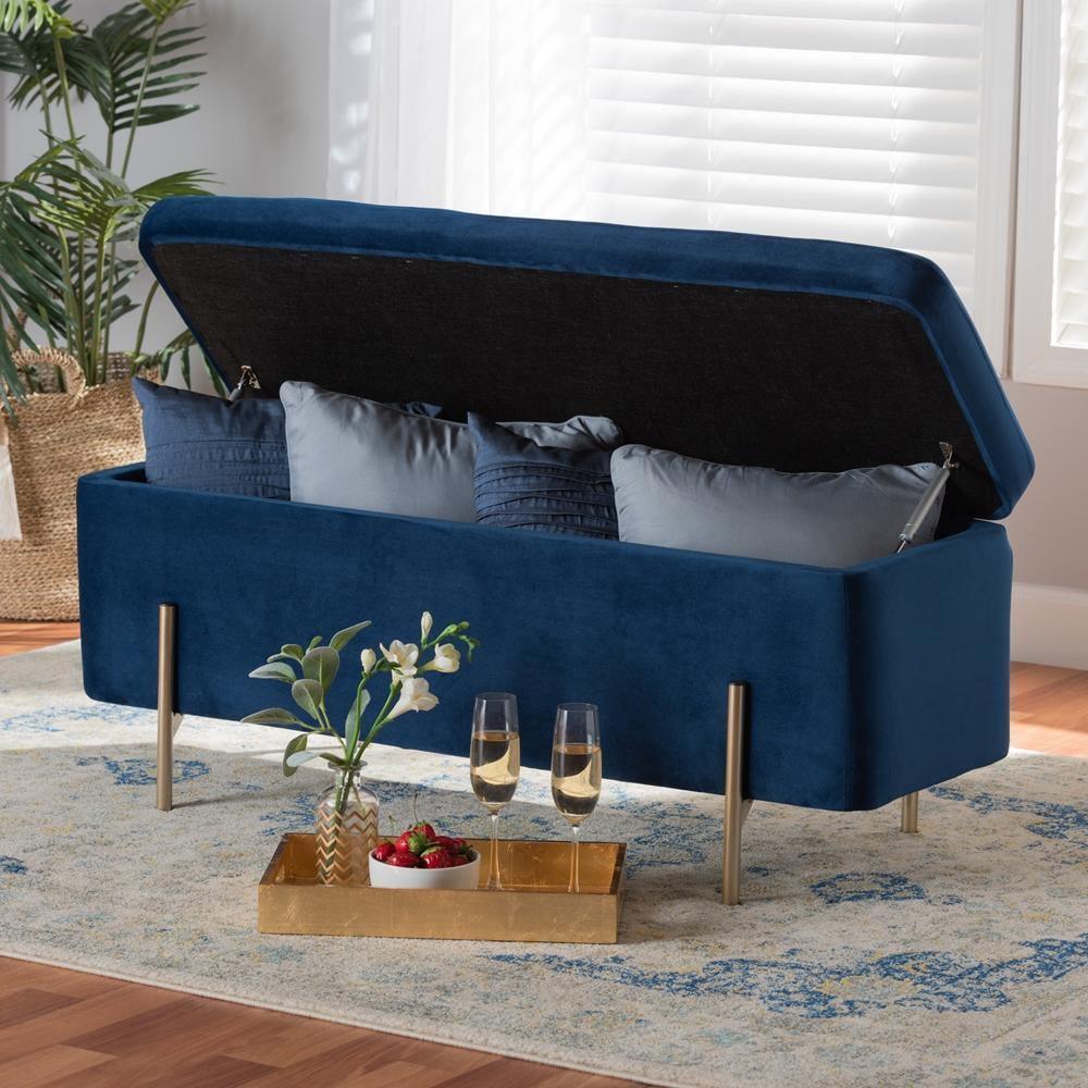 Rockwell Contemporary Glam and Luxe Navy Blue Velvet Fabric Upholstered and Gold Finished Metal Storage Bench FredCo