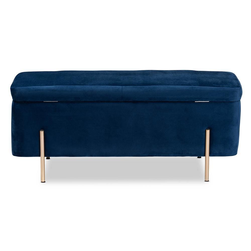 Rockwell Contemporary Glam and Luxe Navy Blue Velvet Fabric Upholstered and Gold Finished Metal Storage Bench FredCo