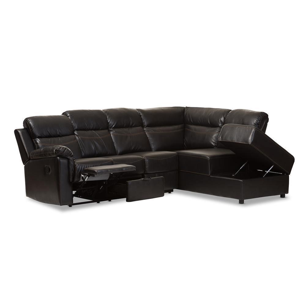 Roland Modern and Contemporary Black Faux Leather 2-Piece Sectional with Recliner and Storage Chaise FredCo