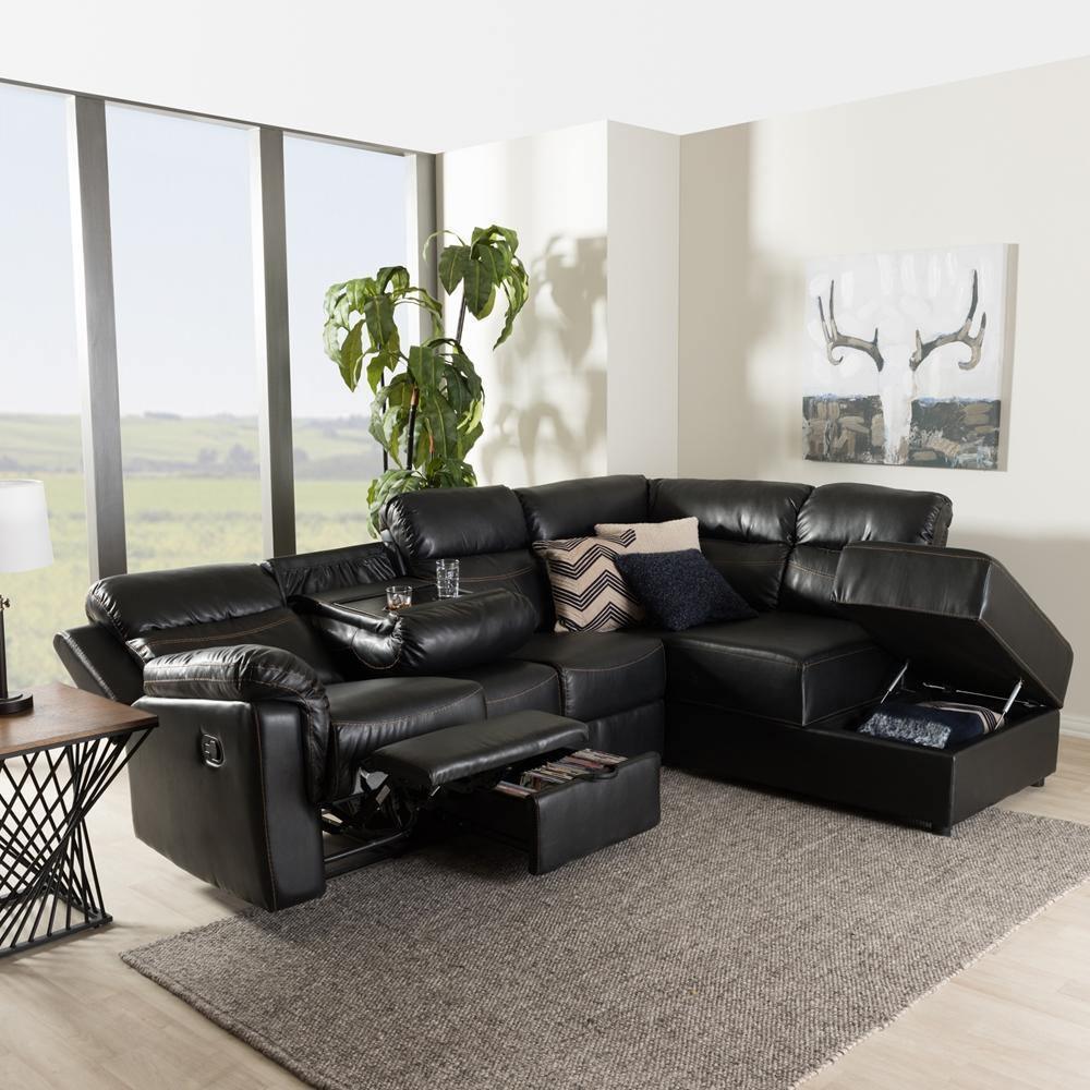 Roland Modern and Contemporary Black Faux Leather 2-Piece Sectional with Recliner and Storage Chaise FredCo