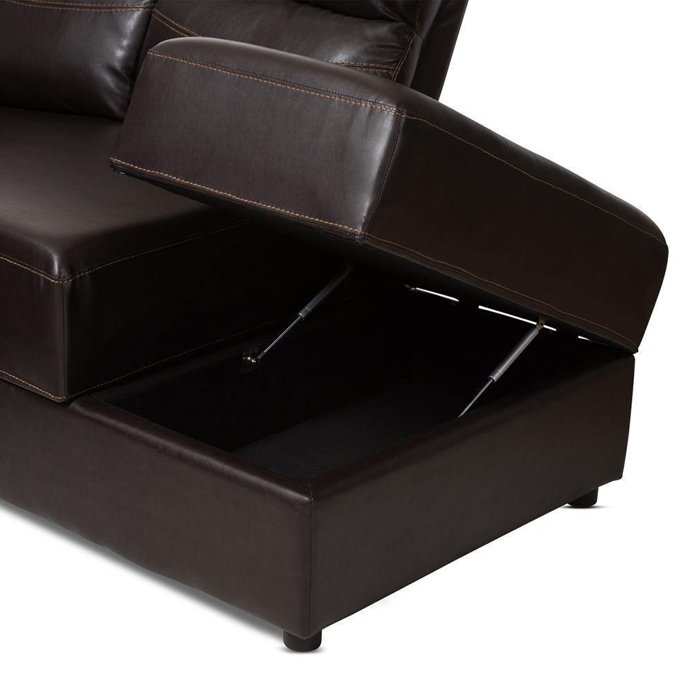 Roland Modern and Contemporary Dark Brown Faux Leather 2-Piece Sectional with Recliner and Storage Chaise FredCo