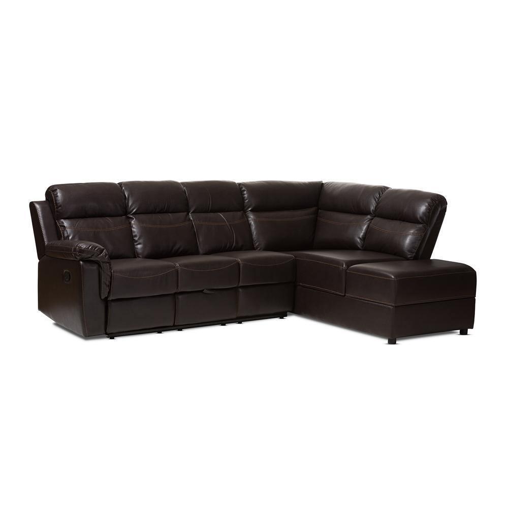Roland Modern and Contemporary Dark Brown Faux Leather 2-Piece Sectional with Recliner and Storage Chaise FredCo