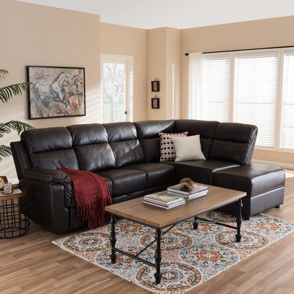Roland Modern and Contemporary Dark Brown Faux Leather 2-Piece Sectional with Recliner and Storage Chaise FredCo