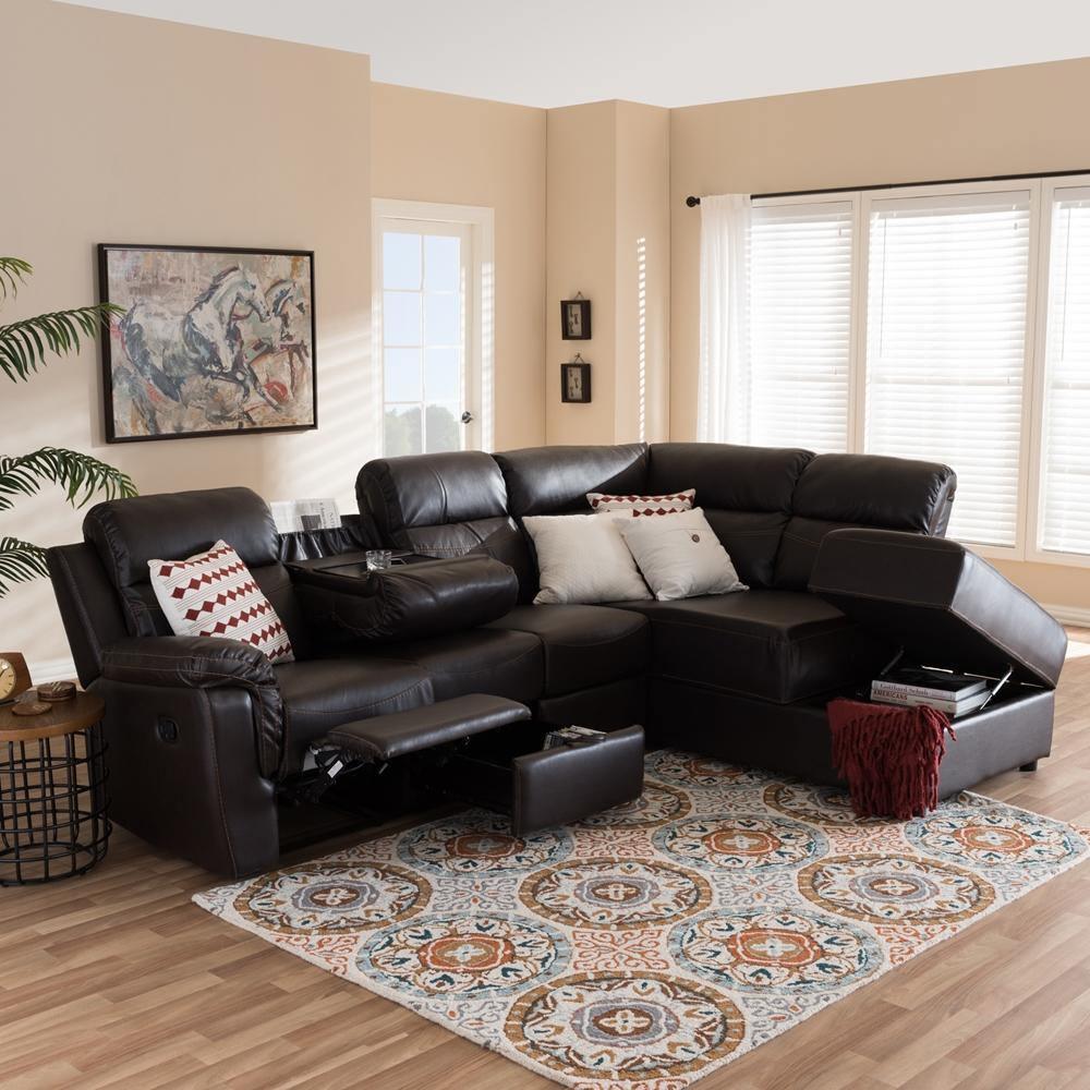 Roland Modern and Contemporary Dark Brown Faux Leather 2-Piece Sectional with Recliner and Storage Chaise FredCo