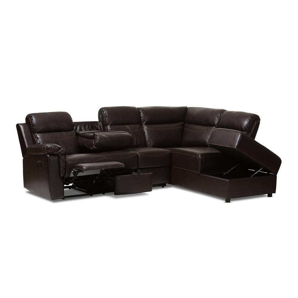 Roland Modern and Contemporary Dark Brown Faux Leather 2-Piece Sectional with Recliner and Storage Chaise FredCo