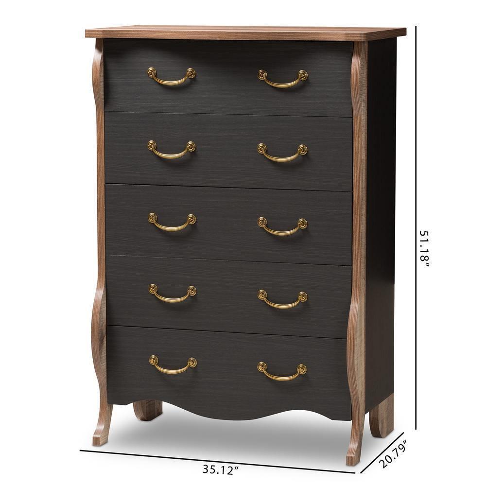 Romilly Country Cottage Farmhouse Black and Oak-Finished Wood 5-Drawer Chest FredCo
