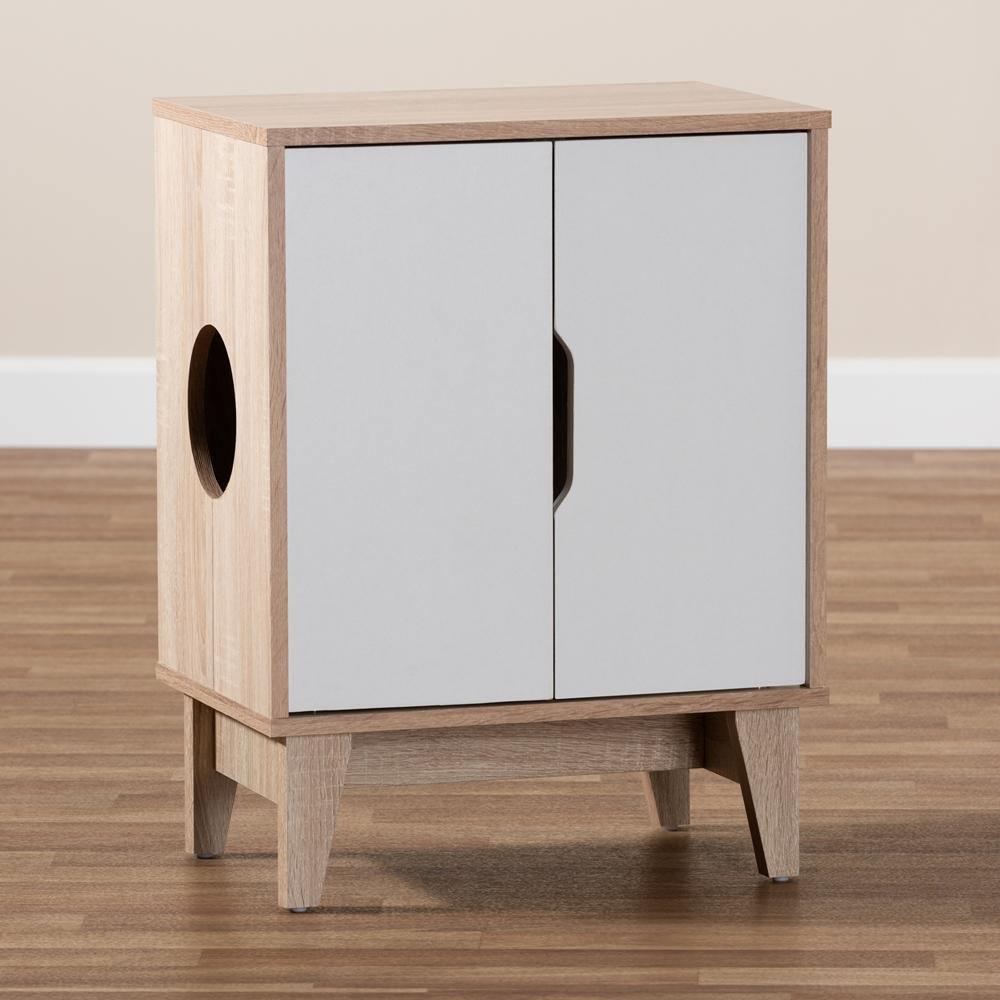 Romy Mid-Century Modern Two-Tone Oak and White Finished 2-Door Wood Cat Litter Box Cover House FredCo