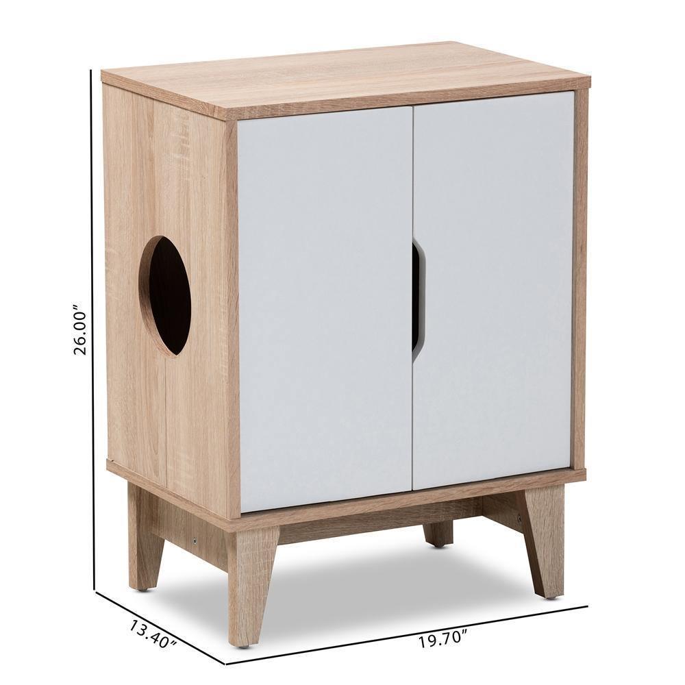 Romy Mid-Century Modern Two-Tone Oak and White Finished 2-Door Wood Cat Litter Box Cover House FredCo