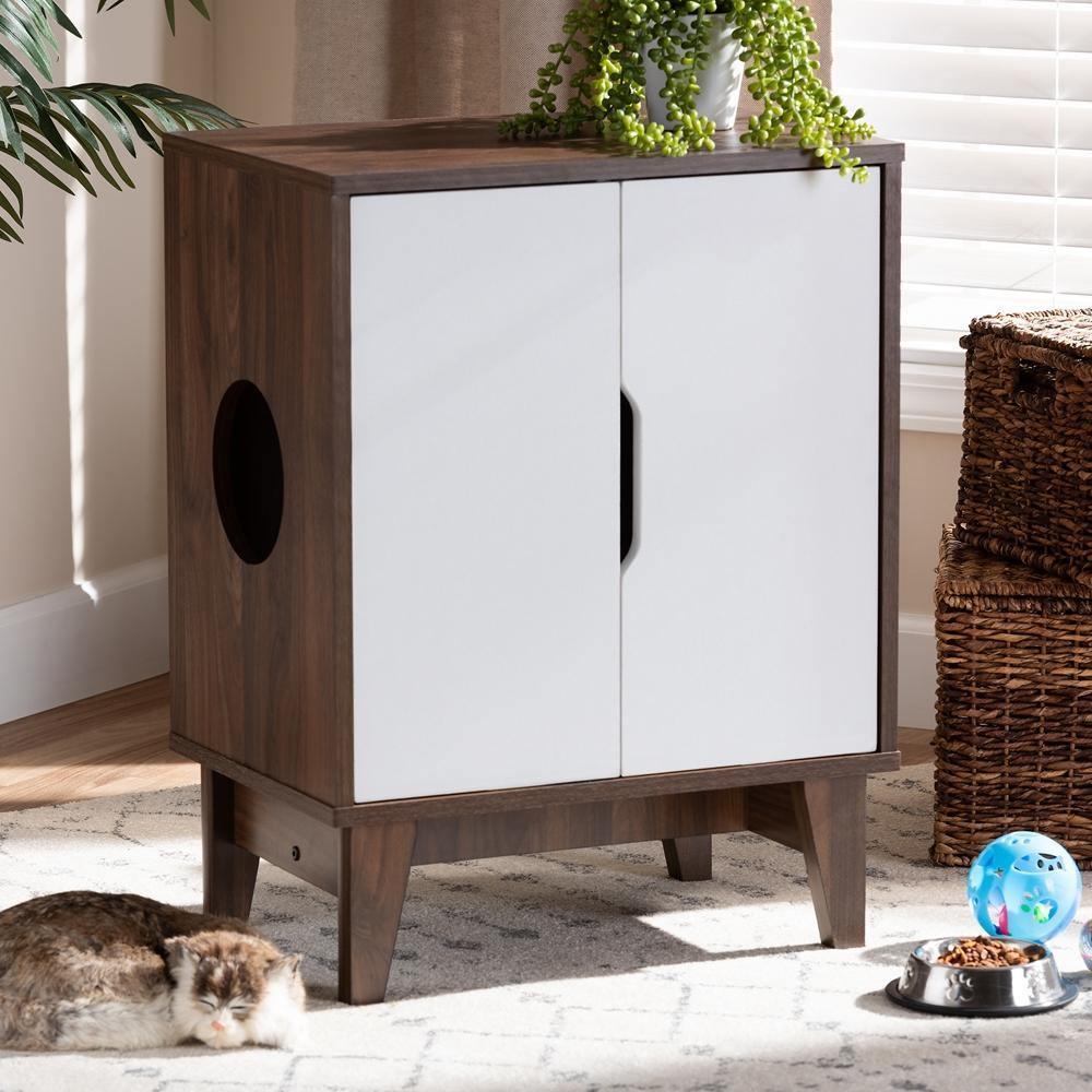 Romy Mid-Century Modern Two-Tone Walnut Brown and White Finished 2-Door Wood Cat Litter Box Cover House FredCo