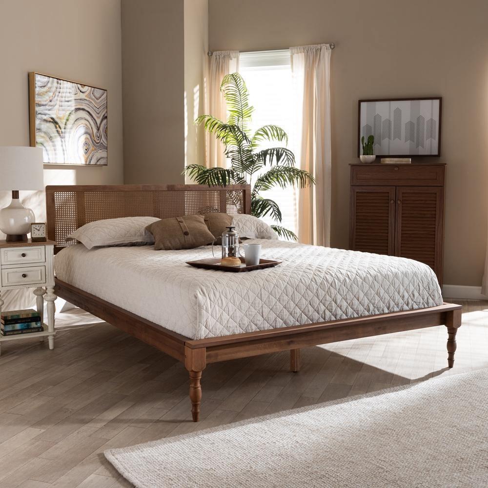 Romy Vintage French Inspired Ash Wanut Finished Wood and Synthetic Rattan King Size Platform Bed FredCo