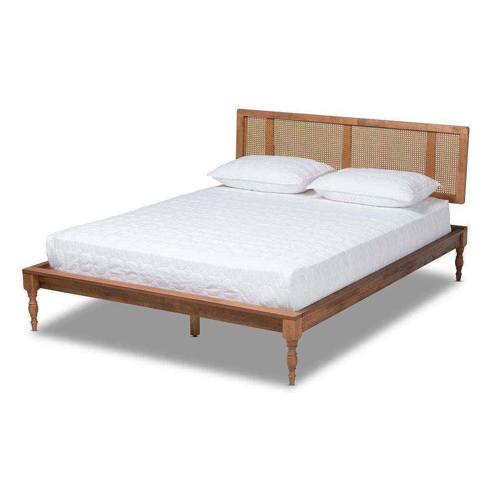 Romy Vintage French Inspired Ash Wanut Finished Wood and Synthetic Rattan King Size Platform Bed FredCo